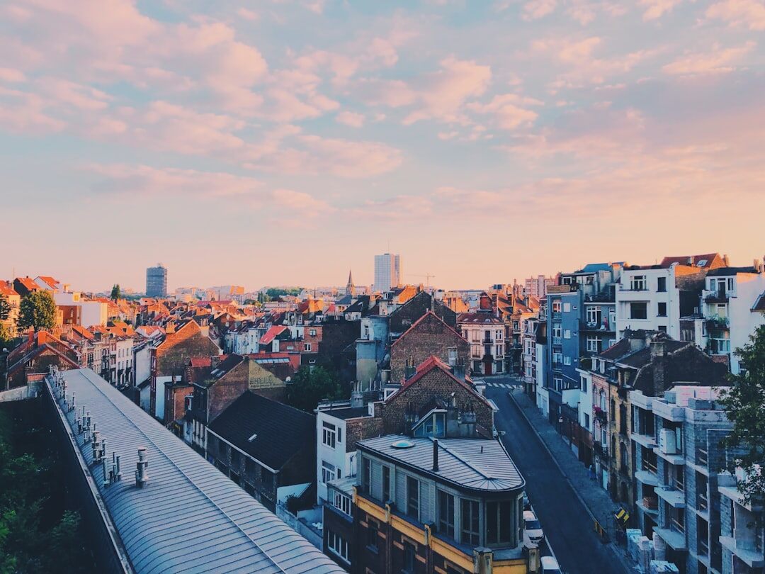 Modern business district skyline in Belgium at dusk